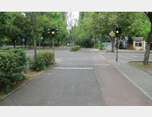 Kreuzung mit markiertem Fußgänger- und Radweg, umgeben von Bäumen und Sträuchern. Es gibt Ampeln mit gelbem Licht, Verkehrszeichen für Fahrräder und eine ruhige, grüne Umgebung im Hintergrund.