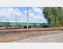 Grüner Eisenbahnwaggon auf einem Rangiergleis in einer ländlichen Umgebung, umgeben von Grasflächen, Gleisen und einem Baum unter wolkigem Himmel. Ein Betonmast und unbefestigte Gehwege sind ebenfalls im Vordergrund sichtbar.