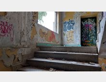 Treppe in einem verlassenen Gebäude mit abblätternder Wandfarbe und zahlreichen Graffiti an den Wänden und der Tür. Durch ein offenes Fenster ist teilweise eine grüne Baumkrone und der Himmel zu sehen.