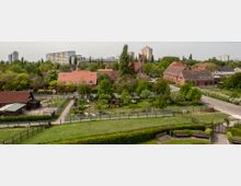 Landschaftsansicht eines traditionellen Bauernhofs mit roten Ziegeldächern, umgeben von grünen Wiesen und Bäumen. Im Hintergrund sind Wohnblocks und einzelne Gebäude einer Stadt zu sehen.