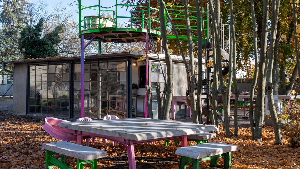 Spielplatzbereich mit Betonpicknicktischen in Pink und Grün sowie einer Holzkonstruktion mit Aussichtsplattform und Wendeltreppe im Hintergrund. Herbstlaub bedeckt den Boden, umgeben von kahlen Bäumen und einem Gebäude mit großen Glasfronten.