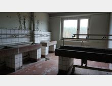 Verlassener Waschraum mit mehreren rechteckigen Waschbecken aus Stein, die auf gefliesten Sockeln stehen. Wände mit weißen Fliesen und stellenweise abgeblätterter Farbe; durch ein Fenster mit Blick auf einen Wald dringt Tageslicht ein.