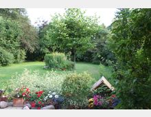 Ein grüner Garten mit einer großen Rasenfläche, umgeben von dichten Bäumen und Sträuchern. Im Vordergrund befinden sich bunte Blumen in Töpfen sowie ein kleines hölzernes Dekorationselement neben einem Beet.