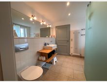 Modernes Badezimmer mit hellen Fliesen, einem wandmontierten WC, einem Holzwaschtisch mit Waschbecken und Spiegel darüber. Auf der rechten Seite eine Tür, ein Heizkörper und eine Duschkabine mit milchglasartiger Trennwand.