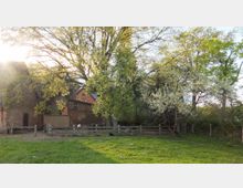 Grüne ländliche Szenerie mit einer teilweise eingezäunten Wiese, großen blühenden Bäumen und einem roten Backsteinbau im Hintergrund. Sonnenlicht strahlt durch die Baumkronen und lässt die Szene hell und freundlich wirken.