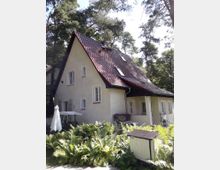 Ein zweigeschossiges Haus mit schrägem Dach und Ziegeldeckung, umgeben von hohen Bäumen und dichter Vegetation, einschließlich Farnen im Vordergrund. Neben dem Gebäude steht eine Terrasse mit Gartenmöbeln und ein weißer Sonnenschirm.