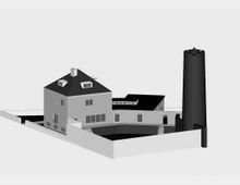 Schwarz-weiße Darstellung eines Gebäudekomplexes mit einem Hauptgebäude, das ein schräges Dach und mehrere Fenster hat, sowie einem angrenzenden länglichen Flachbau. Rechts daneben steht ein hoher zylindrischer Turm. Der gesamte Komplex ist von einer niedrigen Mauer umgeben.