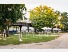 Grüne Parkfläche mit einzelnen Stehtischen und weißen Sonnenschirmen, umgeben von Bäumen. Im Hintergrund ist eine erhöhte Eisenbahnbrücke zu sehen, daneben eine gepflasterte Gehwegfläche.