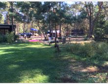 Eine Gartenlandschaft mit grünem Rasen, Bäumen und vereinzelten Sträuchern. Im Hintergrund stehen ein dunkles Gebäude, ein Trampolin, Gartenmöbel sowie ein Auto, daneben ein kleiner Pool und ein Sonnenschirm.