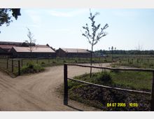 Reiterhof mit mehreren einstöckigen Gebäuden aus Backstein und Ziegeldächern, umgeben von eingezäunten Wiesen und einem unbefestigten Weg. Im Hintergrund sind Bäume und Laternenpfosten zu sehen.