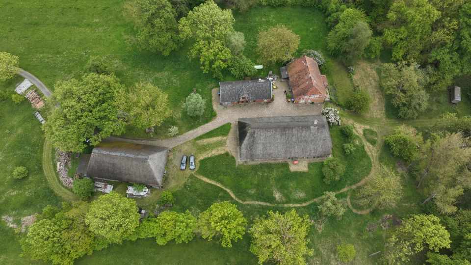 Luftaufnahme eines ländlichen Hofgeländes mit mehreren Gebäuden, darunter zwei große Scheunen mit Reetdächern und ein rotes Wohn- oder Wirtschaftsgebäude, verbunden durch geschwungene Zufahrts- und Fußwege. Das Anwesen ist von weitläufigen Wiesen und dichtem Baumbestand umgeben.