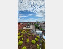 Dachterrasse mit begrüntem Bereich, Holzboden und einem Tisch mit Sitzbänken im Hintergrund; umgeben von Geländern und Pflanzenkübeln, mit Blick auf umliegende Gebäude und einen bewölkten, blauen Himmel.