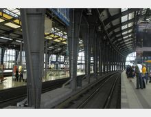 Innenansicht eines Bahnhofs mit einem überdachten Bahnsteig, Stahlstützen und Gleisen. Menschen warten auf dem Bahnsteig, und im Hintergrund sind Schilder sowie verglaste Fenster für Tageslicht sichtbar.