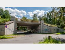 Betonbrücke mit rotem Geländer über einer Straße in einem grünen, baumreichen Gebiet. Die Brückenwände sind mit Graffiti besprüht, und neben der Straße stehen Verkehrsschilder sowie ein Schild mit dem Straßennamen „Am Schlachtensee“.