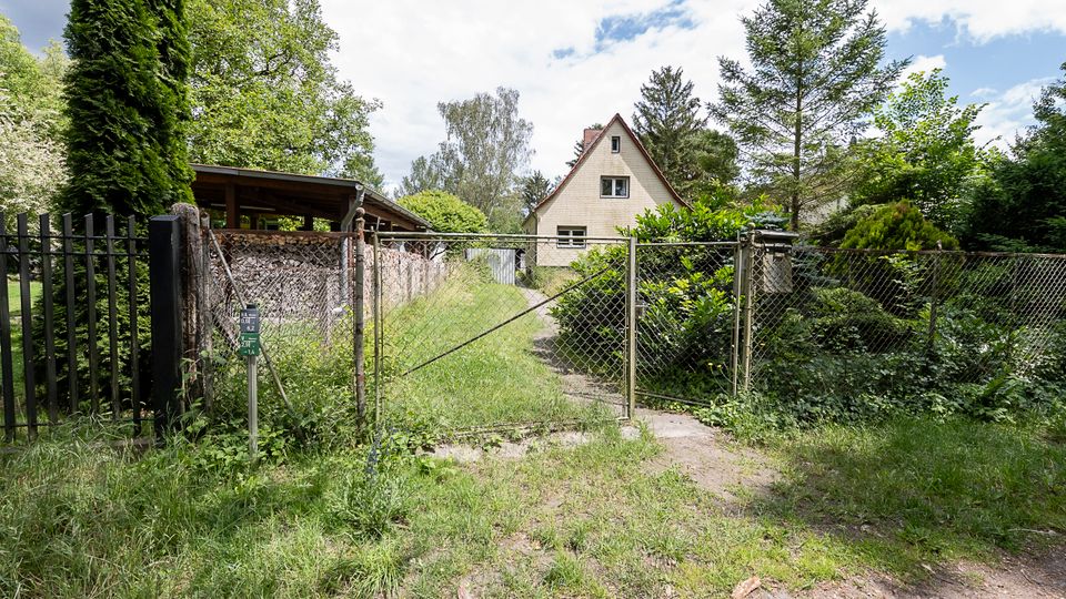 Eingezäuntes Grundstück mit Drahtzaun und Tor, dahinter ein schmaler, grasbewachsener Weg zu einem kleinen, hellen Einfamilienhaus mit steilem Giebeldach. Das Gelände ist dicht bewachsen mit Bäumen, Sträuchern und einem überdachten Holzunterstand links.