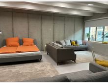 Industrial-style studio room with exposed concrete walls and ceiling beams, furnished with a low bed with orange bedding, several gray sofas, and light rugs on a smooth floor. A large window with a roller blind sits along one wall, with a potted plant on the sill and street views outside.