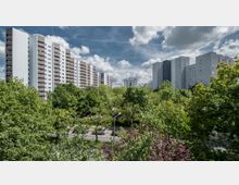 Wohngebiet mit mehreren Hochhäusern im Hintergrund, umgeben von dichtem Grün aus Bäumen und Sträuchern. Im Vordergrund ist eine Straße mit geparkten Autos und Straßenlaternen sichtbar.