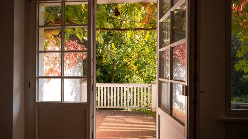 Blick aus einem Innenraum durch offene, verglaste Doppeltüren auf eine sonnige Holzterrasse mit weißem Geländer. Draußen sind dichter, grün‑ und rötlich gefärbter Laubbewuchs sowie Schattenmuster auf den Terrassendielen zu sehen.