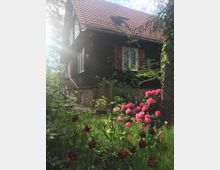 Holzhaus mit rotem Ziegeldach und grünen Fensterläden, umgeben von einem Garten mit blühenden roten und rosa Blumen sowie Bäumen im Sonnenlicht.