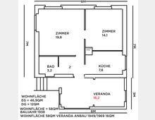 Schwarz-weißer Grundriss einer Wohnung mit beschrifteten Räumen: zwei Zimmer (19,8 m² und 14,1 m²), Küche (7,8 m²), Bad (3,2 m²) sowie eine Veranda (16,2 m²). Außenmaße und Hinweise zur Wohnfläche (gesamt 58 m²) sowie Baujahr 1938 sind am Rand eingetragen.