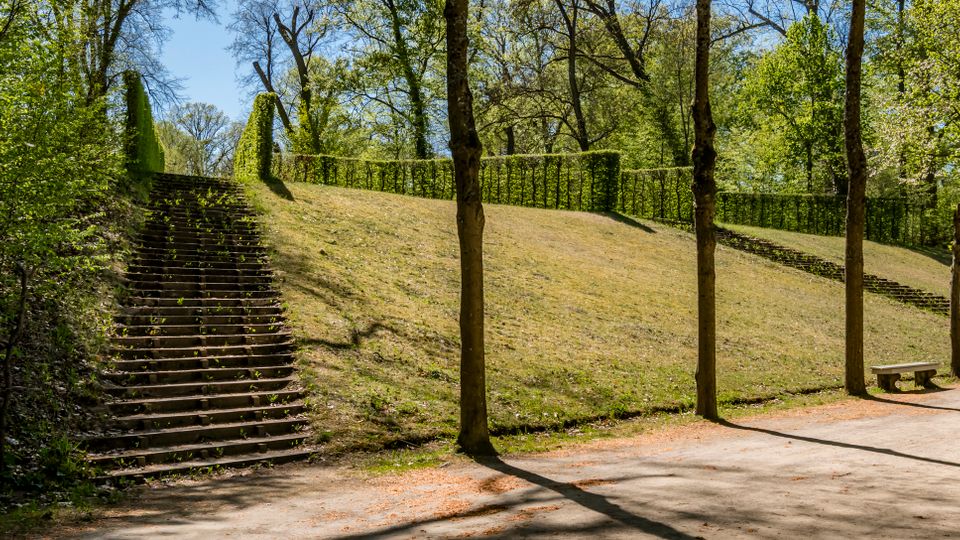 Tree-lined park hillside with broad stone staircases on both sides leading up to a plateau bordered by neatly trimmed hedges. A wide gravel path runs at the base of the slope, with a simple bench and tall trees casting long shadows.