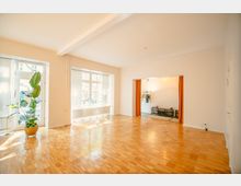 Heller, leerer Raum mit Holzboden, großen Fenstern, die viel Tageslicht hereinlassen, und einem dekorativen Pflanzenkübel links. Im Hintergrund ein Durchgang mit orangefarbenen Vorhängen, der zu einem weiteren Bereich mit einer Garderobe und einem Sideboard führt.