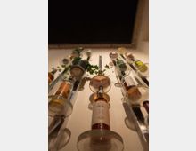 Wand mit dekorativen Flaschenhalterungen, in denen verschiedene Whisky-Flaschen horizontal präsentiert werden; einige Halterungen sind mit grünen Pflanzen dekoriert. Die Wand besteht aus hellen Oberflächen und wird von unten nach oben fotografiert.