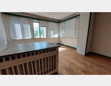 Leerer Raum mit hellen Holzboden in Fischgrätmuster, großen Fenstern mit Jalousien und sichtbarem Tageslicht. Im Vordergrund steht ein Heizkörper mit dekorativer Verkleidung, die Wände sind hell gestrichen mit grünen Zierleisten an den Kanten.