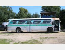 Ein älterer, mintgrün-weiß gestrichener Linienbus mit Rundfenstern steht auf einem unbefestigten Gelände, umgeben von Bäumen und vereinzelten Fahrzeugen. Das Fahrzeug zeigt Rostspuren, und die Tür auf der Vorderseite ist geöffnet.