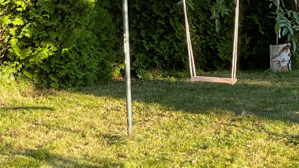 Eine einzelne Schaukel hängt an einem einfachen Metallgestell auf einer Rasenfläche. Im Hintergrund stehen dichte Büsche und Bäume, die den Gartenrand bilden.