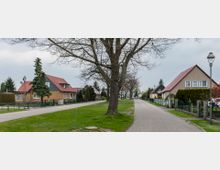 Wohnsiedlung mit Einfamilienhäusern, die beidseitig einer gepflasterten Straße mit Gehwegen liegen. Die Häuser haben rote Ziegeldächer, Vorgärten mit Zäunen und vereinzelt Bäume sowie Straßenlaternen säumen die Straße.