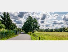 Ein schmaler asphaltierter Weg führt an einer Wiese entlang, die mit vereinzelten Bäumen gesäumt ist. Links des Weges befindet sich ein Zaun mit Pflanzen, rechts stehen Holzpfosten, und der Himmel ist mit zahlreichen Wolken bedeckt.