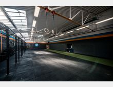 Ein großzügiger Trainingsraum mit Gummiboden, einem Bereich mit Kunstrasen, Wandringen, Metallkonstruktionen für Klimmzüge und einer Wand mit Lagerregalen. Die Decke ist mit sichtbaren Stahlträgern und Dachfenstern ausgestattet, wodurch natürliches Licht einfällt.