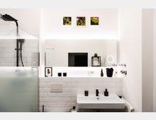 Modernes Badezimmer mit weißen Fliesen an der Wand, einem rechteckigen Waschbecken und schwarzer Armatur. Im Hintergrund ein großer Spiegel, kleine dekorative Pflanzen und ein Regal mit Handtüchern; links eine Glasdusche mit dunkler Duscharmatur.