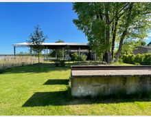 Grüne Wiese mit vereinzelten Bäumen und einem hohen, modernen Pavillon mit Flachdach und Metallstützen im Hintergrund. Dichtes Schilf und große, ältere Bäume rahmen die Fläche ein.