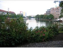 Ein Uferbereich mit blühenden Sträuchern und einem gepflasterten Weg im Vordergrund. Im Hintergrund fließt ein Fluss, gesäumt von modernen und historischen Gebäuden, sowie bewachsenen Grünflächen; Boote sind am Ufer festgemacht.