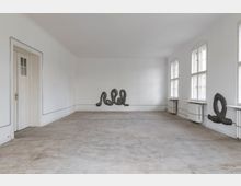 Ein leerer, heller Raum mit weißen Wänden und großen, rechteckigen Fenstern, durch die Tageslicht einfällt. Der Boden ist aus Beton, und an der Wand sowie unter den Fenstern sind Heizkörper angebracht. An zwei Wänden befinden sich skulpturale, dunkle Röhrenobjekte.