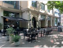 Straßencafé mit einer hellen Fassade und großen Fenstern in einem historischen Gebäude. Vor dem Café stehen mehrere schwarze Tische und Stühle sowie Töpfe mit grünen Pflanzen auf einem gepflasterten Gehweg, im Schatten von Bäumen.