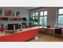 Ein modernes Büro mit roten Schreibtischmöbeln, ausgestattet mit Computern und Büromaterialien. Im Hintergrund sind ein großes Fenster mit Pflanzen auf der Fensterbank sowie Regale mit Büchern und Dekorationen zu sehen.