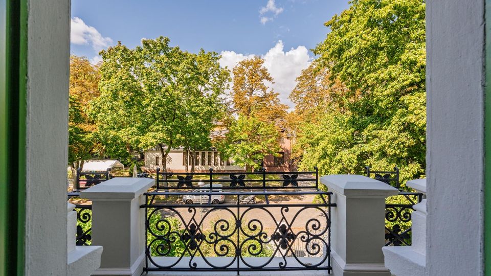 Blick von einem Balkon mit dekorativem schwarzem schmiedeeisernem Geländer und weißen Pfeilern auf eine von großen Laubbäumen gesäumte Wohnstraße. Im Hintergrund sind Wohnhäuser zwischen den Baumkronen unter blauem Himmel zu sehen.