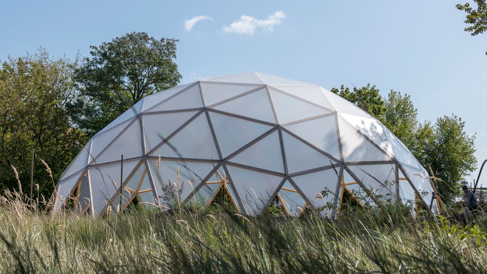 Kuppelförmige Struktur mit einem geometrischen Holzrahmen und lichtdurchlässiger Verkleidung, umgeben von einer Wiese mit hohem Gras und Bäumen im Hintergrund unter klarem Himmel.