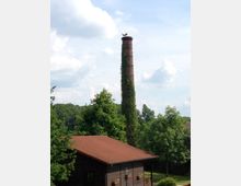 Backstein-Schornstein mit Bewuchs, gekrönt von einem Storchennest, umgeben von grünen Bäumen und einer Holzgebäude mit rotem Ziegeldach im Vordergrund. Der Himmel ist teils bewölkt.
