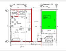 Grundriss eines Gebäudes im Maßstab 1:100, bestehend aus einem Loft (90 m²) mit Sitzgruppen, Küche, Bad/WC und Waschbereich sowie einem angrenzenden „Greenroom“ (39,5 m²) mit einer grünen Fläche für Greenscreen-Aufnahmen. Türen, Wände und Maßangaben sind detailliert eingezeichnet.