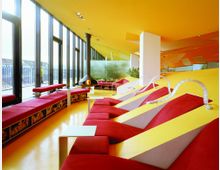 Heller, moderner Innenraum mit gelb-roten Liegeflächen und großen Fensterfronten, die viel natürliches Licht hereinlassen. Im Raum befinden sich eine freistehende Feuerstelle, einige Pflanzen und Sitzbänke mit Holzlagerungen darunter.