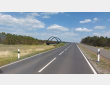 Landstraße mit einer leicht geschwungenen Brücke aus Stahlbögen über eine kleine Senke, umgeben von Wiesen und einem dichten Kiefernwald. Der Himmel ist blau mit einigen weißen Wolken, und rechts der Straße verläuft ein gerader Radweg.