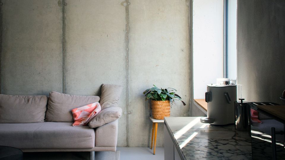 Modernes Wohn- und Kücheninterieur mit Sichtbetonwand, grauem Sofa und Teppich sowie einer Topfpflanze auf einem kleinen Beistelltisch. Rechts fällt Tageslicht durch ein großes Fenster auf eine Küchenarbeitsplatte mit Marmoroptik und mehrere Küchengeräte.