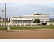 Eine Trabrennbahn mit einem Gebäude im Hintergrund, das als „Trabrennbahn Mariendorf“ beschriftet ist. Im Vordergrund sind ein Pferd mit Wagen und Fahrer auf der Sandbahn sowie weiß gestrichene Zäune und ein grünes Feld sichtbar.