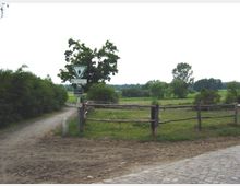 Ländliche Wegkreuzung mit unbefestigtem Sandweg und Kopfsteinpflaster, flankiert von Holzzäunen und grünen Wiesen. Im Hintergrund sind Bäume, Büsche und ein Naturschutzgebietsschild zu sehen.