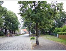 Straßenszene in einer ländlichen Umgebung mit Kopfsteinpflaster, flankiert von Bäumen und kleinen Häusern mit Zäunen und Gärten. Im Hintergrund sind Absperrungen und ein Gebäude mit rotem Dach erkennbar.