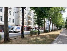 Straßenansicht mit mehrstöckigen Wohnhäusern und Geschäften im Erdgeschoss auf der linken Seite, einer Baumreihe und einem Gehweg auf der rechten Seite. Ein Lieferwagen steht am Straßenrand, und im Hintergrund sind Passanten und Fahrradfahrer erkennbar.